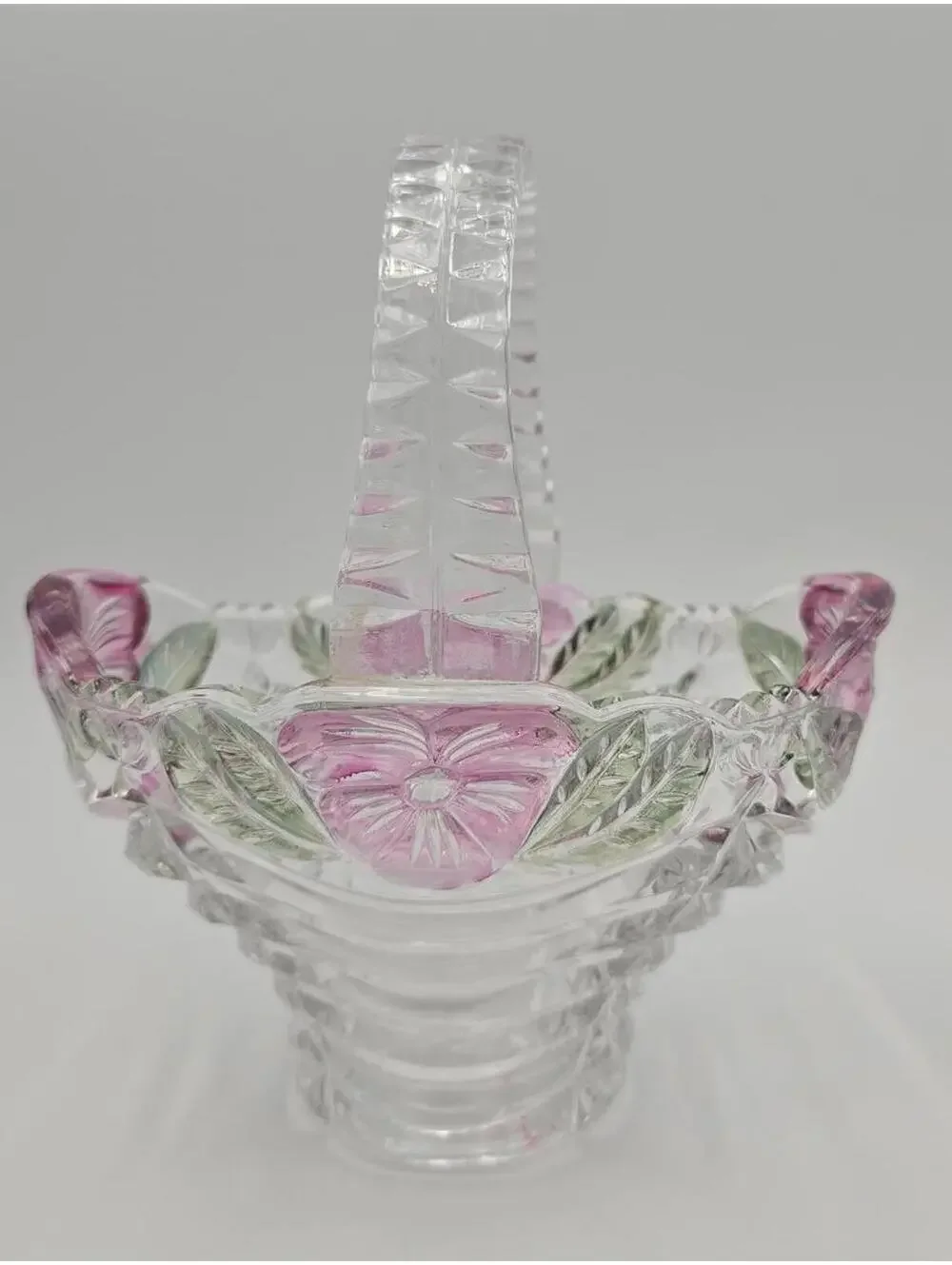 Vintage Handcrafted Anna Hutte Bleikristall Crystal Basket Pink Pressed Flowers